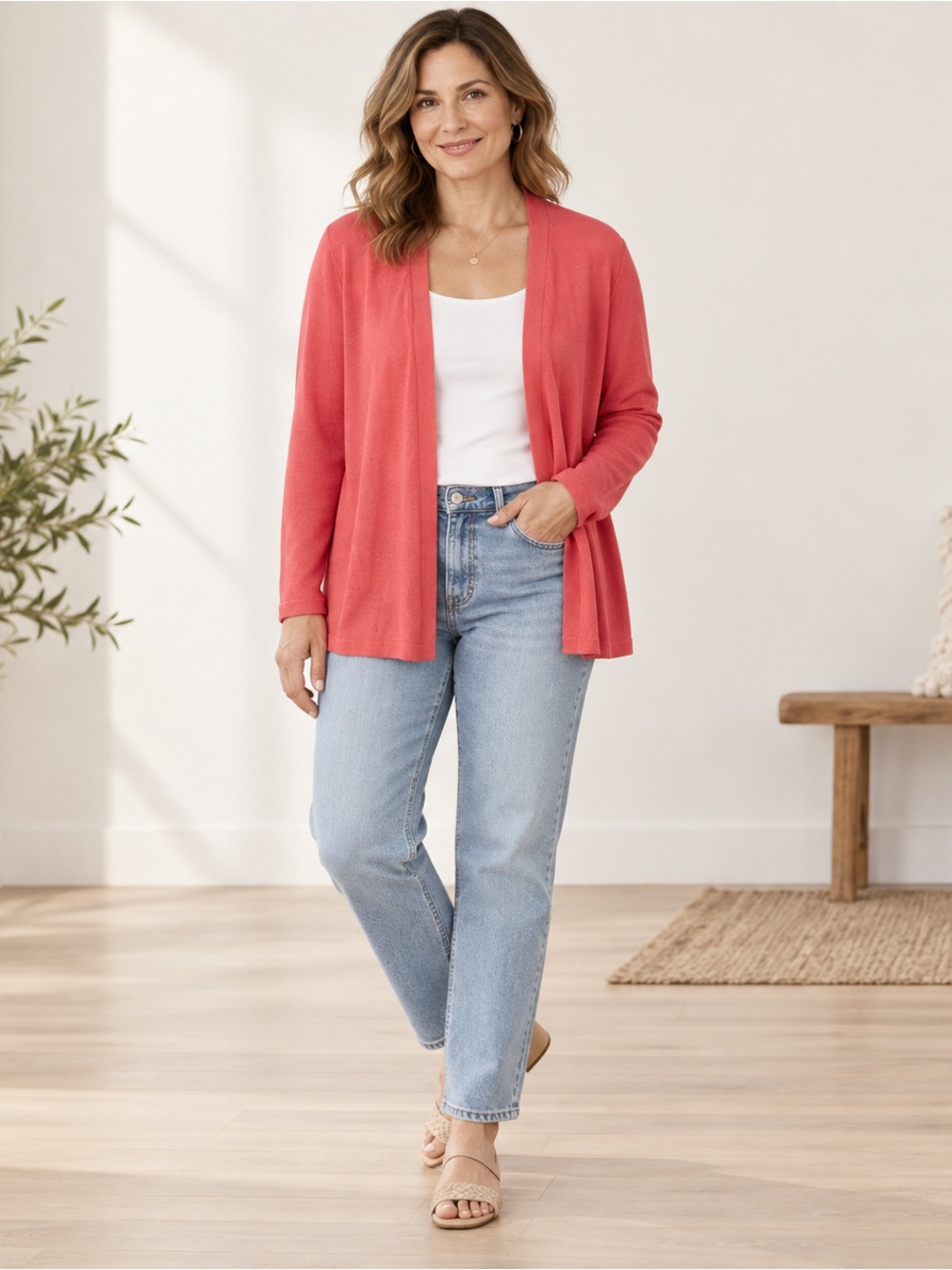 J.Jill Light Open-Front Linen Blend Cardigan Pink Glove L NWT